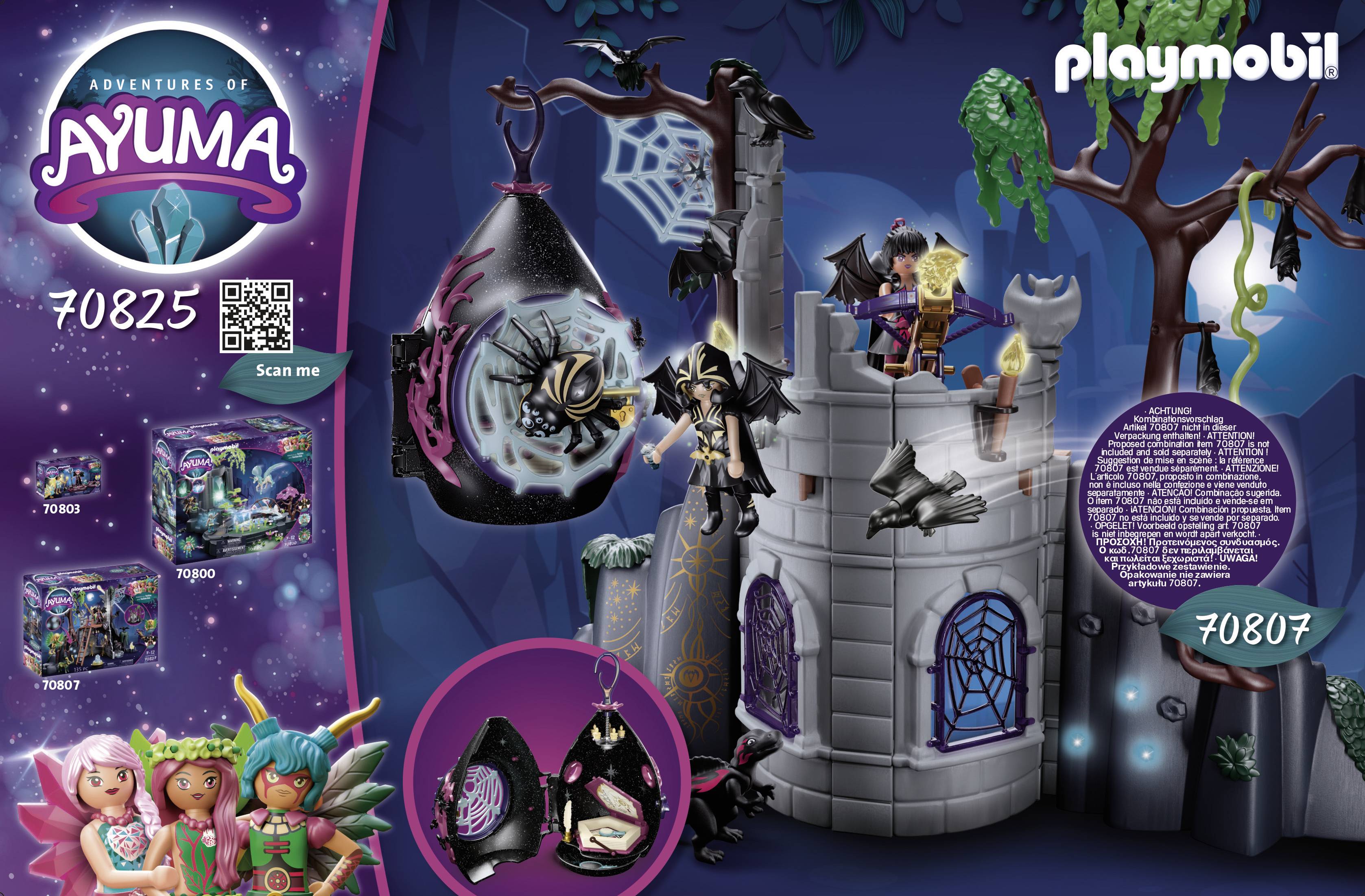 Spielzeug-Set von Playmobil 'Adventures of Ayuma'. Feenfigur auf einem Turm, Spinnen-Elemente, präsentiert in einer Nacht-Szene.