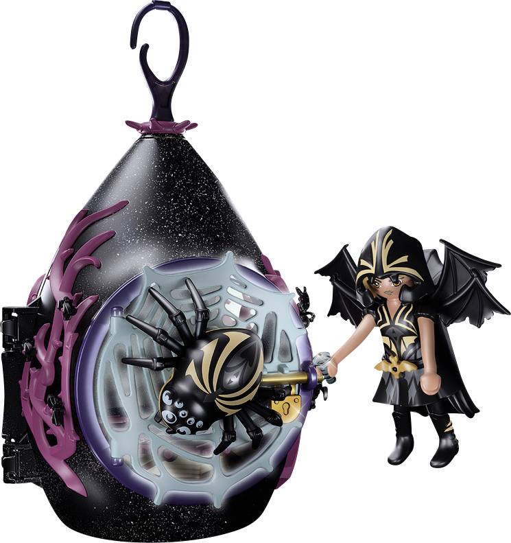 Eine schwarze Spielzeugfigur mit Flügeln, neben einem spinnendekorierten Behälter mit lila Details und einem Haken oben.
