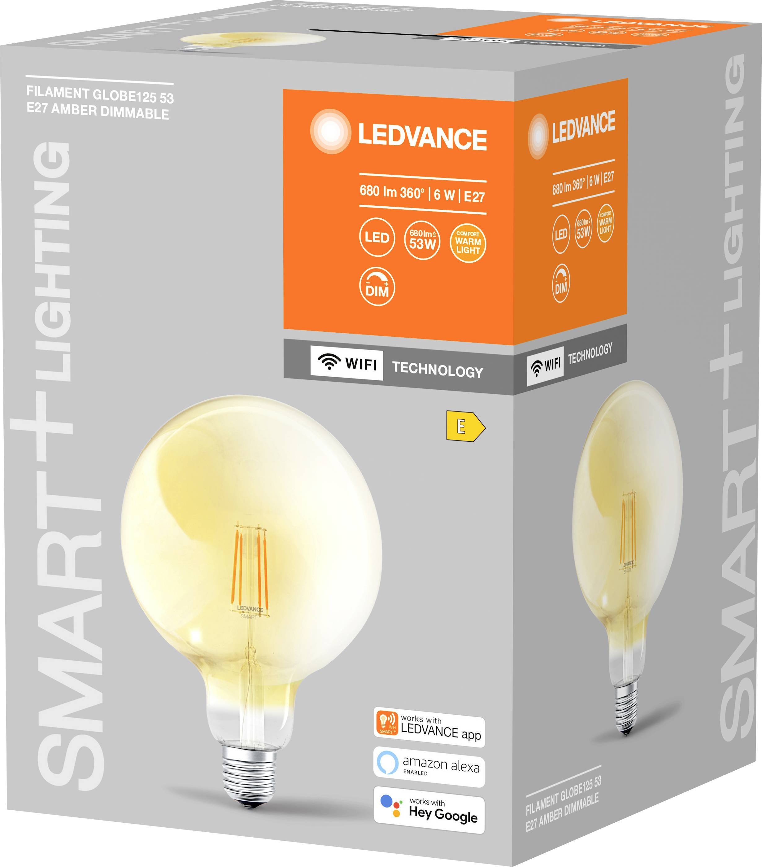 Verpackung einer LED-Glühbirne von Ledvance, 680 lm, 6 W, E27, dimmbar, warmweiß, kompatibel mit Smart-Home-Systemen.