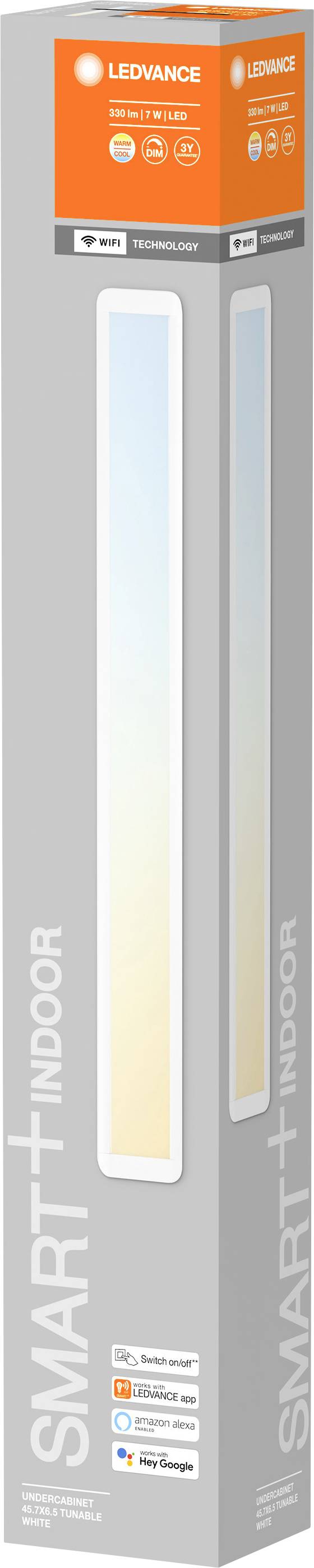 Eine Verpackung für ein LED-Lichtpanel von LEDVANCE. Sie zeigt das Produktbild, die Marke und Symbole für Kompatibilität mit Smarthome-Systemen.