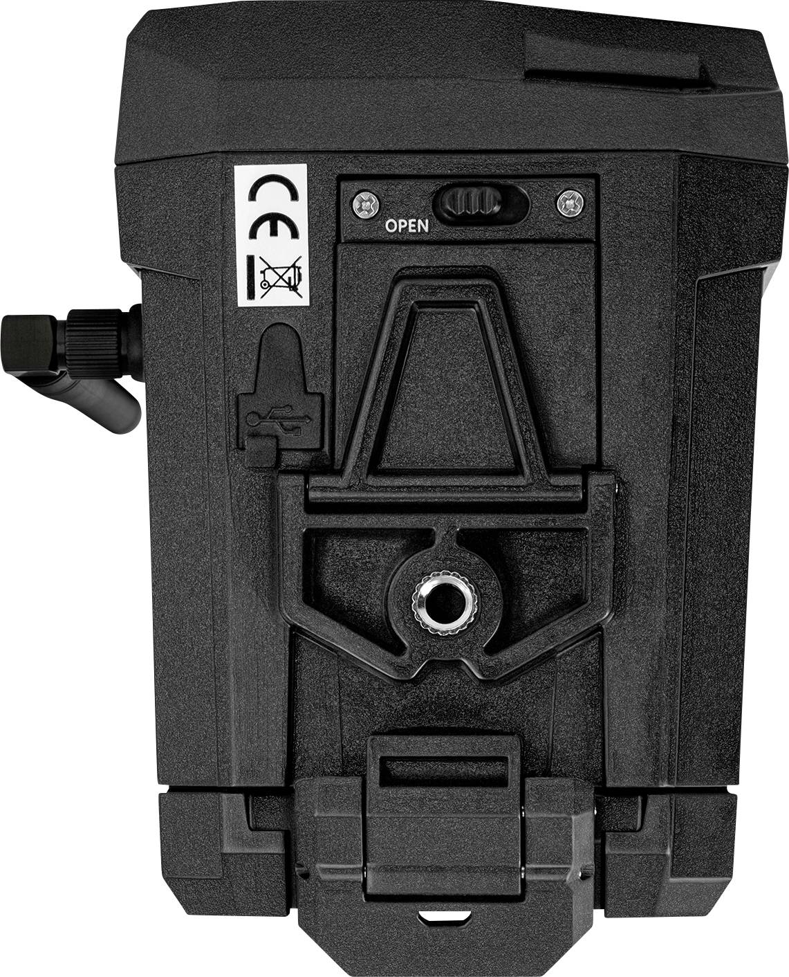 Ein schwarzes, technisches Gerät mit CE-Kennzeichnung und einem Schalter auf der Vorderseite. Oben befindet sich ein 'OPEN'-Schalter.