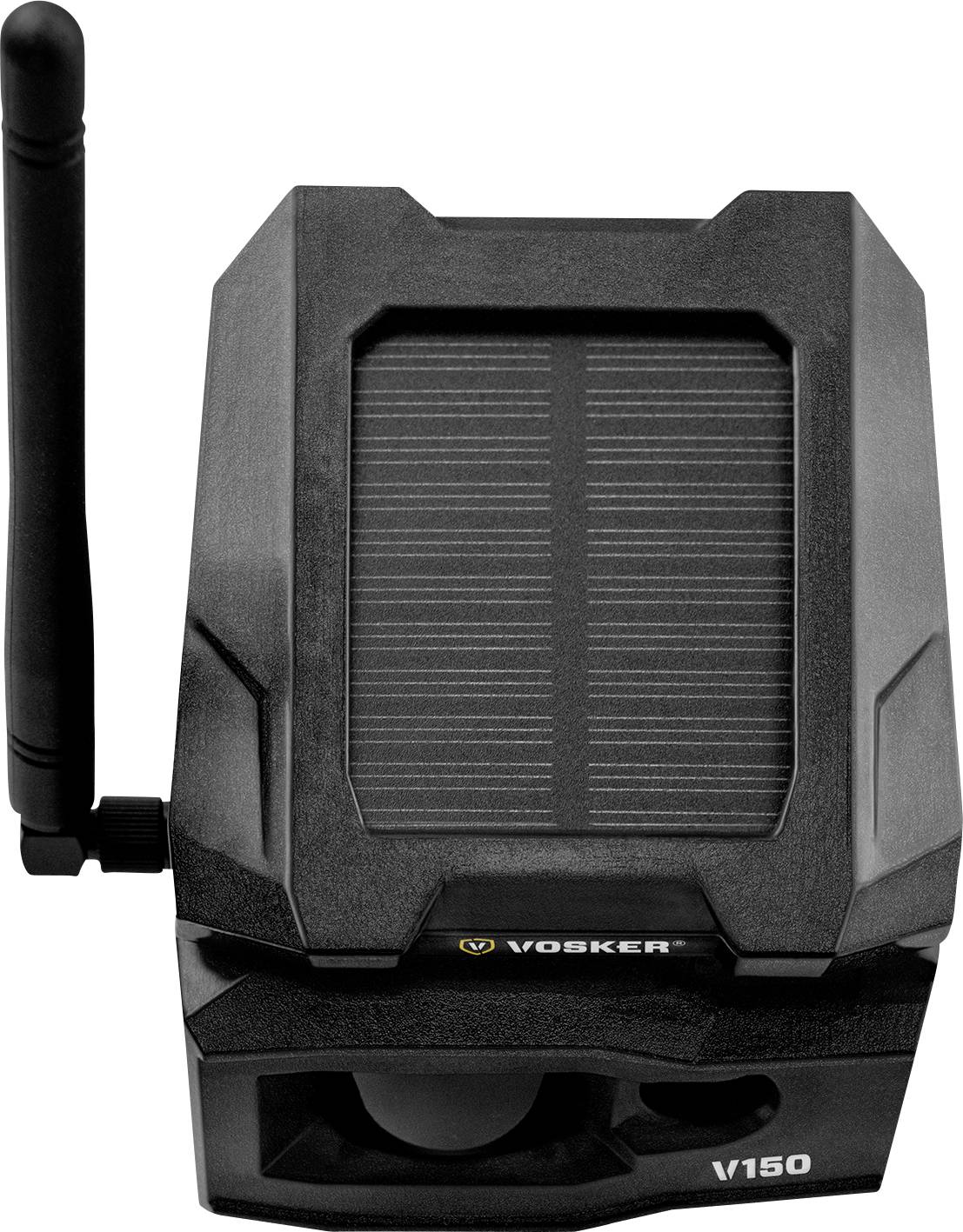 Ein schwarzes Überwachungsgerät mit Antenne und Solarpanel, bezeichnet mit 'V150', zur autarken Energieversorgung und drahtlosen Verbindung.