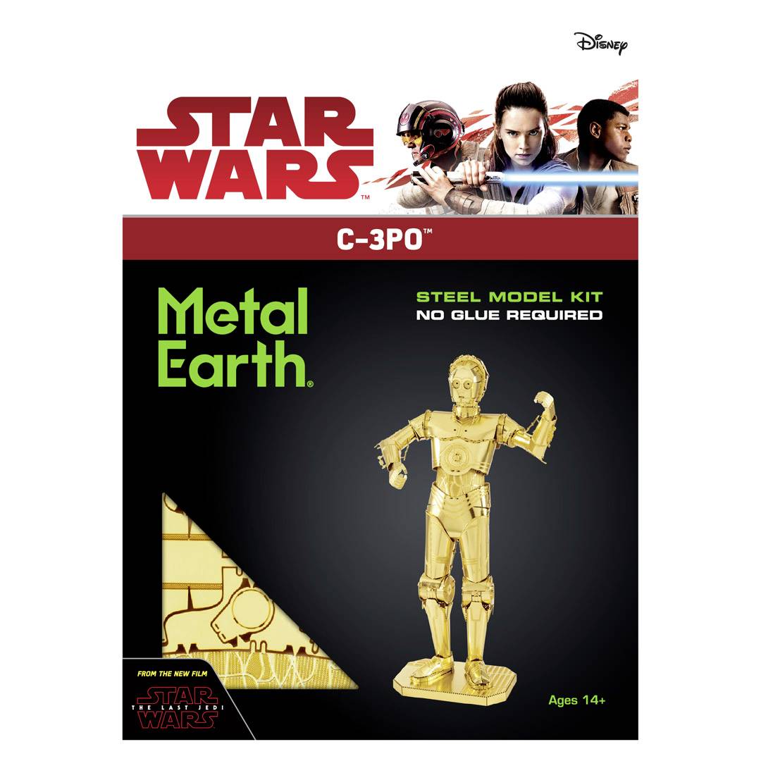 'Star Wars C-3PO' Metal-Bausatz von Metal Earth. Oben Bilder von drei Figuren aus dem Film. Geeignet für Personen ab 14 Jahren.