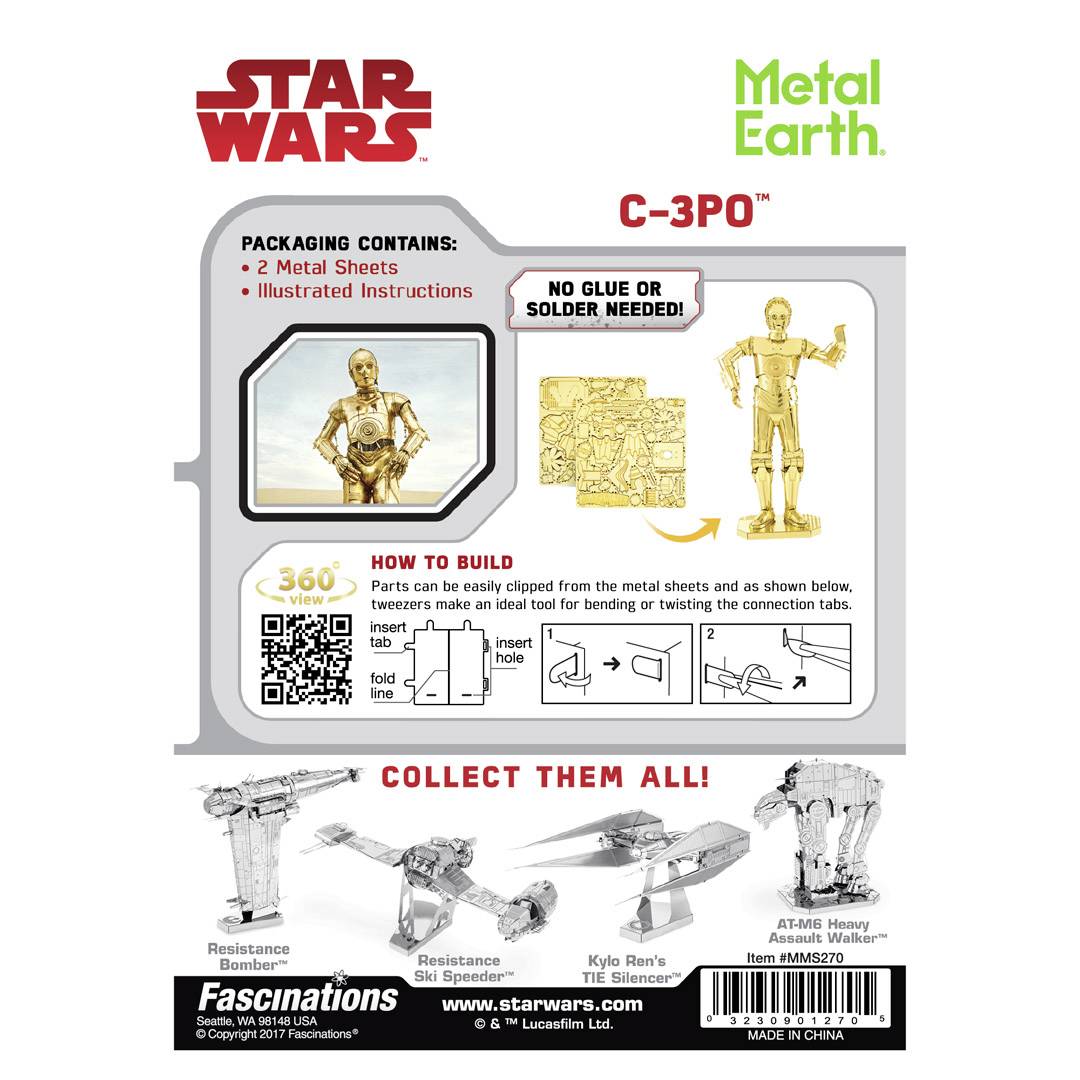 'Star Wars' Metallbauanleitung für C-3PO. Enthält 2 Metallplatten und illustrierte Anweisungen. Keine Kleber oder Lötmittel nötig.