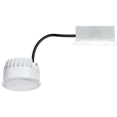 Ein runder, silberner LED-Spot mit Kühlrippen und einem Anschlusskabel zu einem weißen, rechteckigen Stecker.