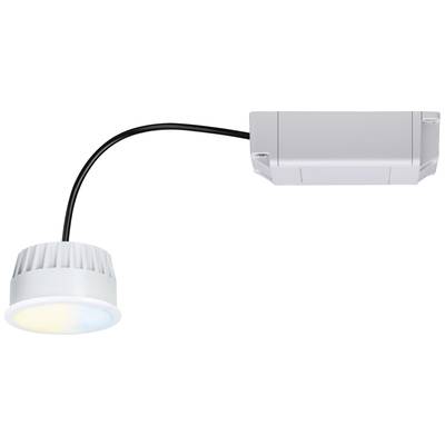 Eine weiße LED-Leuchte mit einem Kabel, das mit einem rechteckigen grauen Gehäuse verbunden ist, zeigt ein gemischtes blau-gelbes Licht.