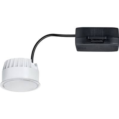Ein weißer LED-Spot mit angeschlossenem schwarzen Transformator, geeignet für den Einbau in abgehängte Decken.