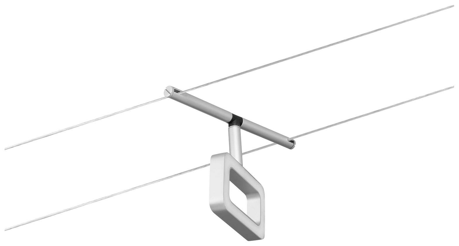 Ein quadratischer, grauer Haltegriff ist an einer horizontalen Stange befestigt, die von zwei parallelen Drähten gehalten wird.