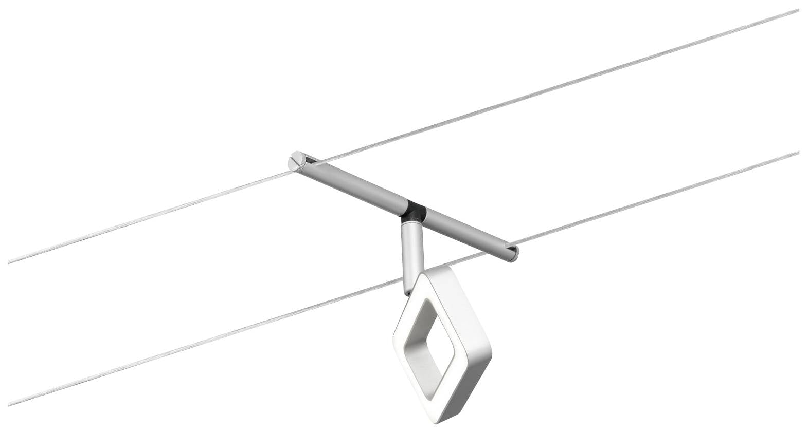 Ein weißer, diamantförmiger Ring hängt an einem silbernen Gestell zwischen zwei horizontalen Drähten.