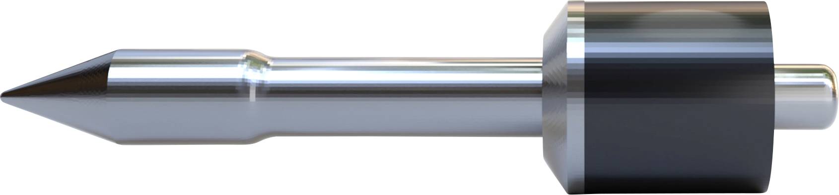 Metallischer, konisch zulaufender Zylinder mit spitzer Spitze und schwarzem Ring, möglicherweise ein Werkzeug oder Maschinenteil.