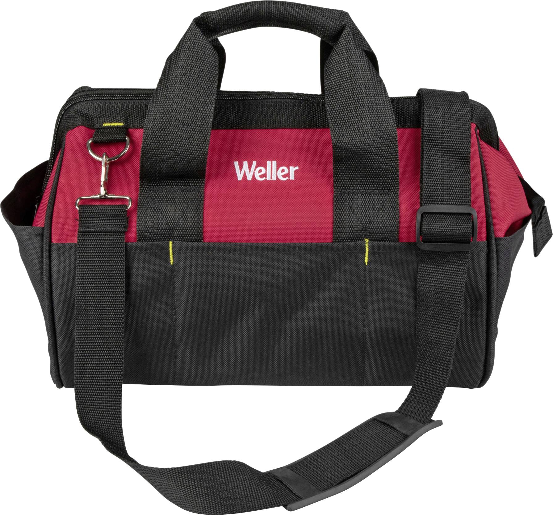'Schwarze und rote Werkzeugtasche mit dem Aufdruck "Weller".'