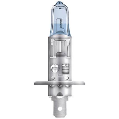 Silberne Halogenlampe mit blau getöntem Glaskolben, Ansicht des Sockels und der inneren Glühwendelstruktur.