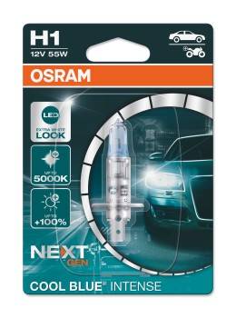Verpackung einer H1-Glühbirne von Osram 'Cool Blue Intense' mit 5000K Lichtfarbe für Scheinwerfer, passend für Autos und Motorräder.