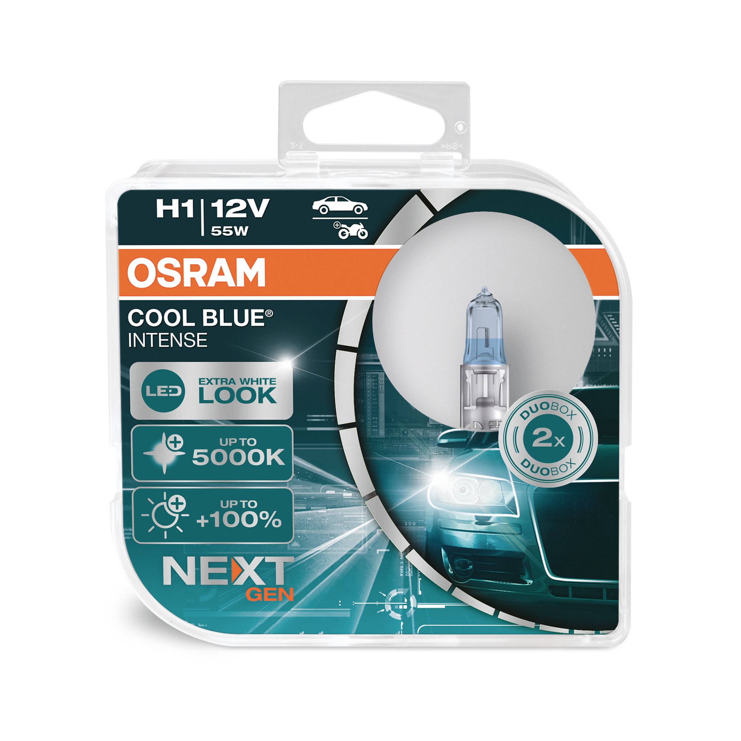'OSRAM H1 12V 55W COOL BLUE INTENSE' Halogenlampe in Verpackung. Bietet bis zu 100% mehr Helligkeit und 5000K Farbtemperatur.