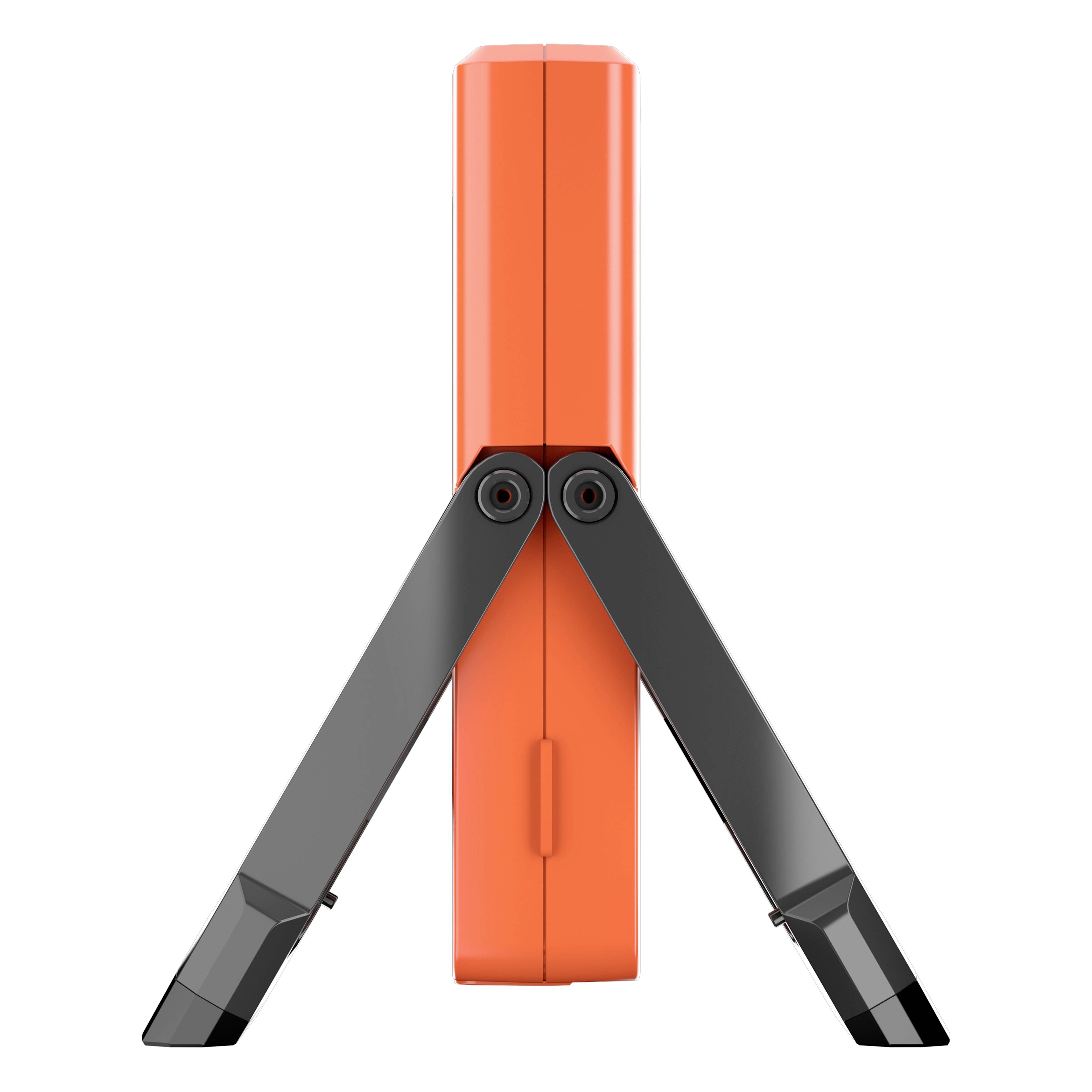 Ein orangefarbenes, zusammenklappbares Gerät mit zwei schwarzen Beinen, die ausgeklappt sind, um Stabilität zu bieten.