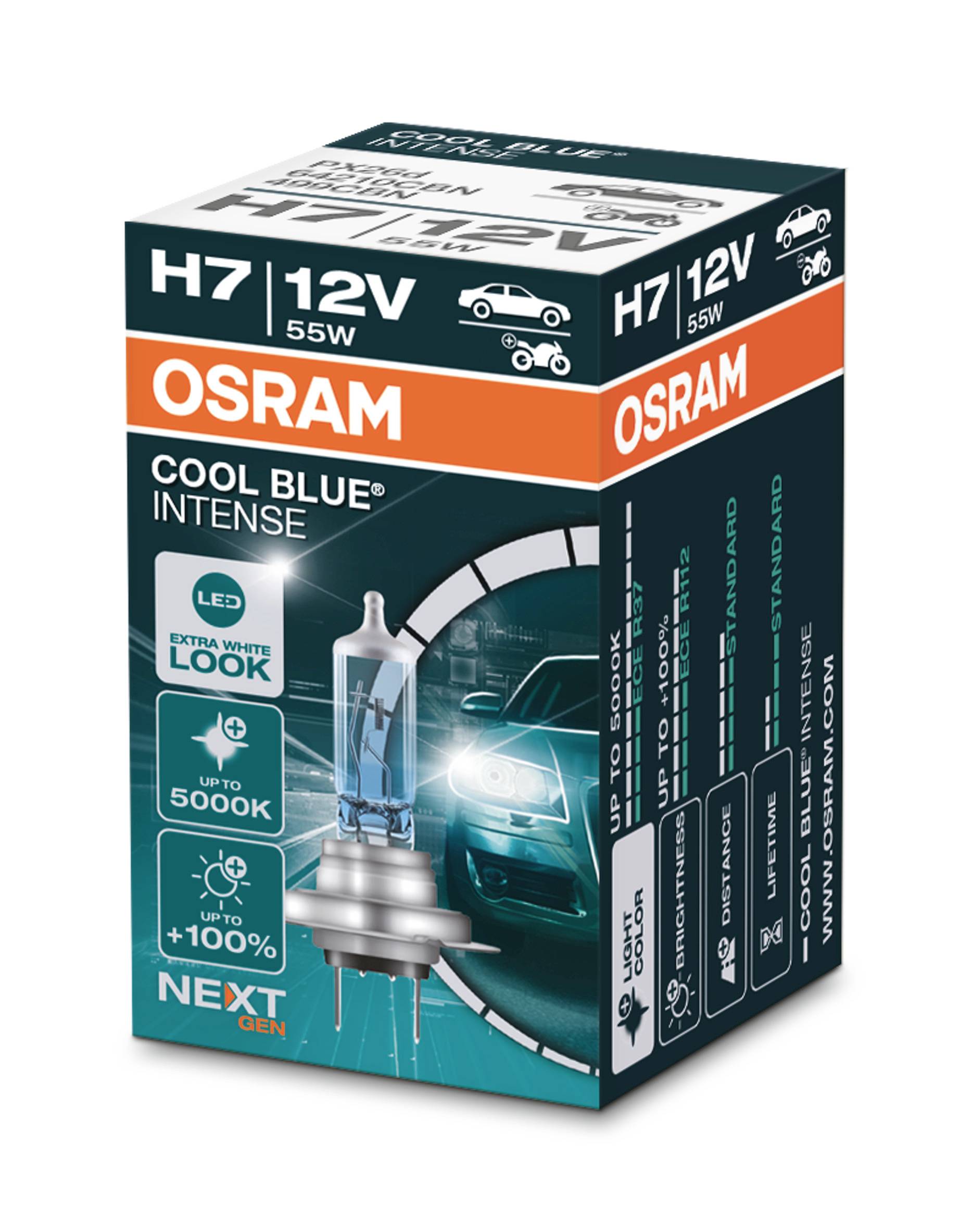 Eine Verpackung einer OSRAM H7 Lampe, 12V, 55W. Die Lampe ist für Autos, bietet extra weißes Licht bis zu 5000K und eine 100% höhere Leuchtkraft.