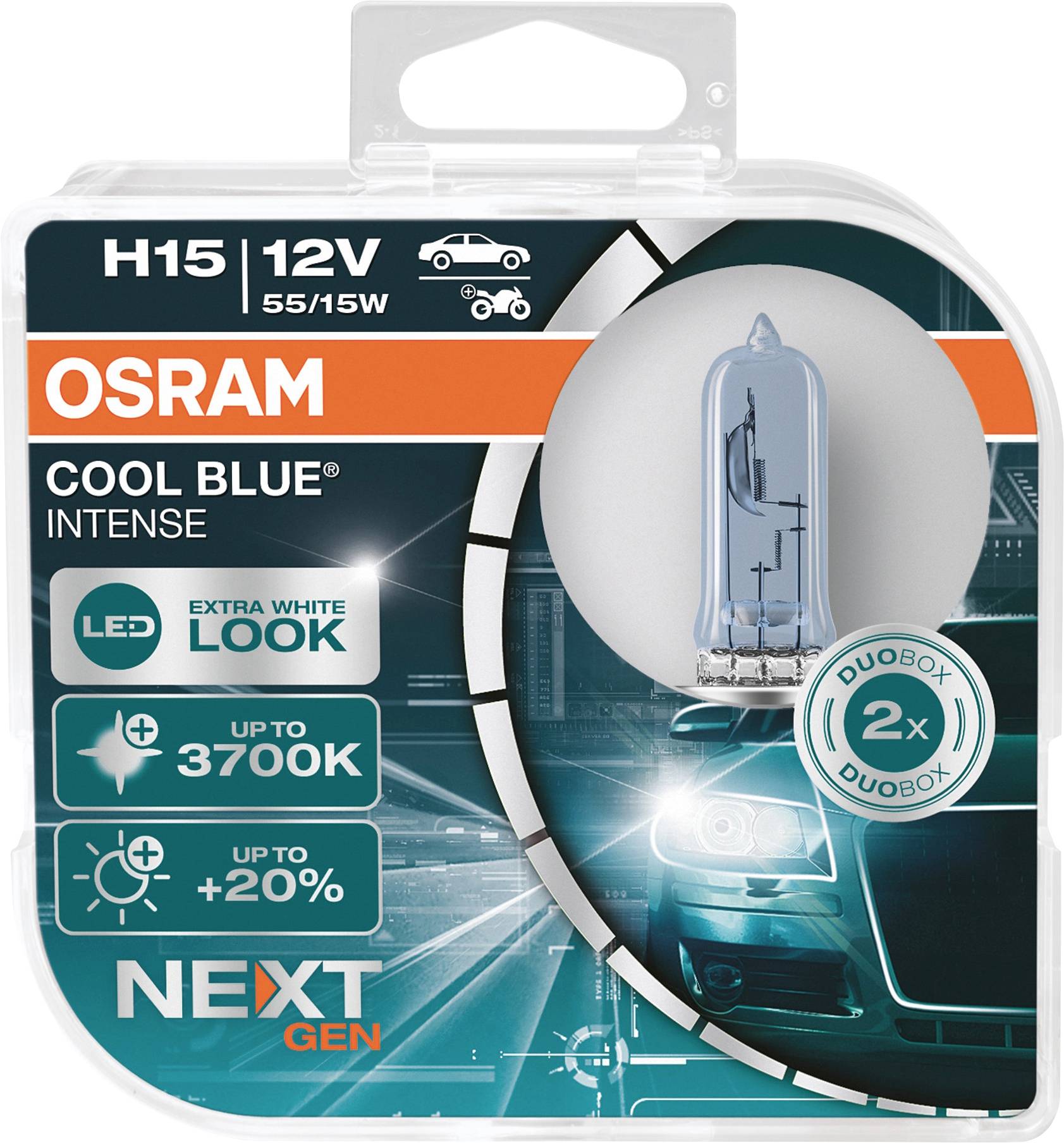 'Osram Cool Blue Intense H15 12V 55/15W Autolampe in Verpackung. LED-Licht mit extra weißem Look, bis zu 3700K, Next Gen.'