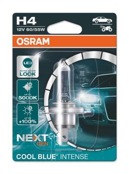 H4 Glühlampe von OSRAM, 12V 60/55W, Modell 'Cool Blue Intense'. Verpackung zeigt Lampe und ein Auto, betont LED-ähnliches Licht.