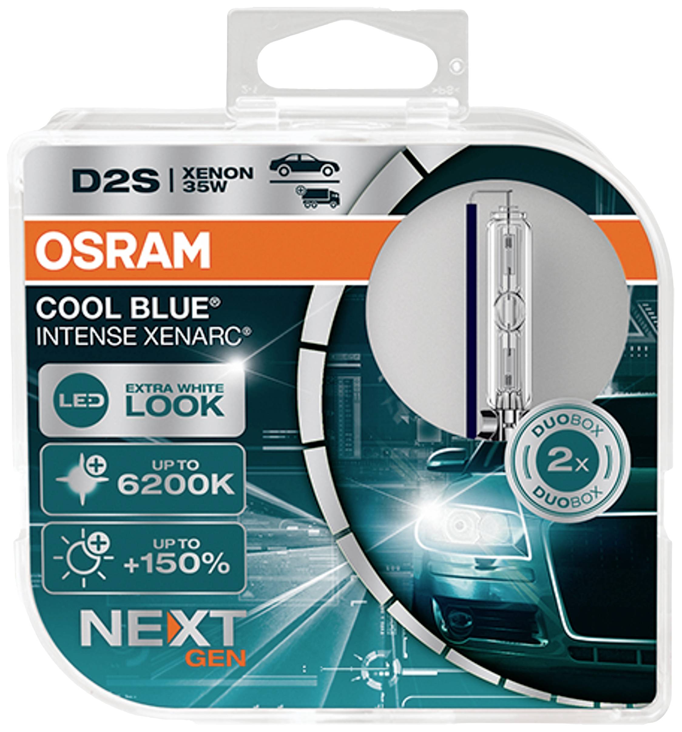 Das Bild zeigt die Verpackung einer OSRAM Cool Blue Intense Xenarc D2S Xenonlampe, 35W, mit einem Auto-Bild und Spezifikationen.