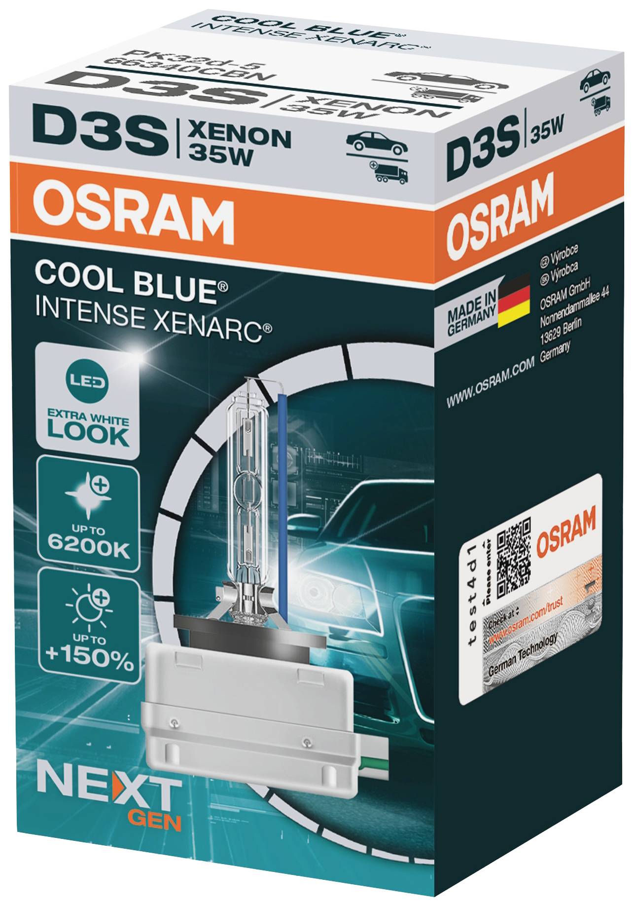 'Osram D3S Xenon 35W Cool Blue Intense Xenarc' Autolampe Verpackung, zeigt Produktbild der Lampe, mit Angaben zu Lichtfarbe und Helligkeit.