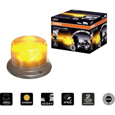 LED-Warnleuchte 'LIGHTsignal LED' von Osram: Gelb, 360° Sichtbarkeit, kompatibel mit 12/24V, IP65, 2 Jahre Garantie. Verpackung zeigt Leuchte im Einsatz.
