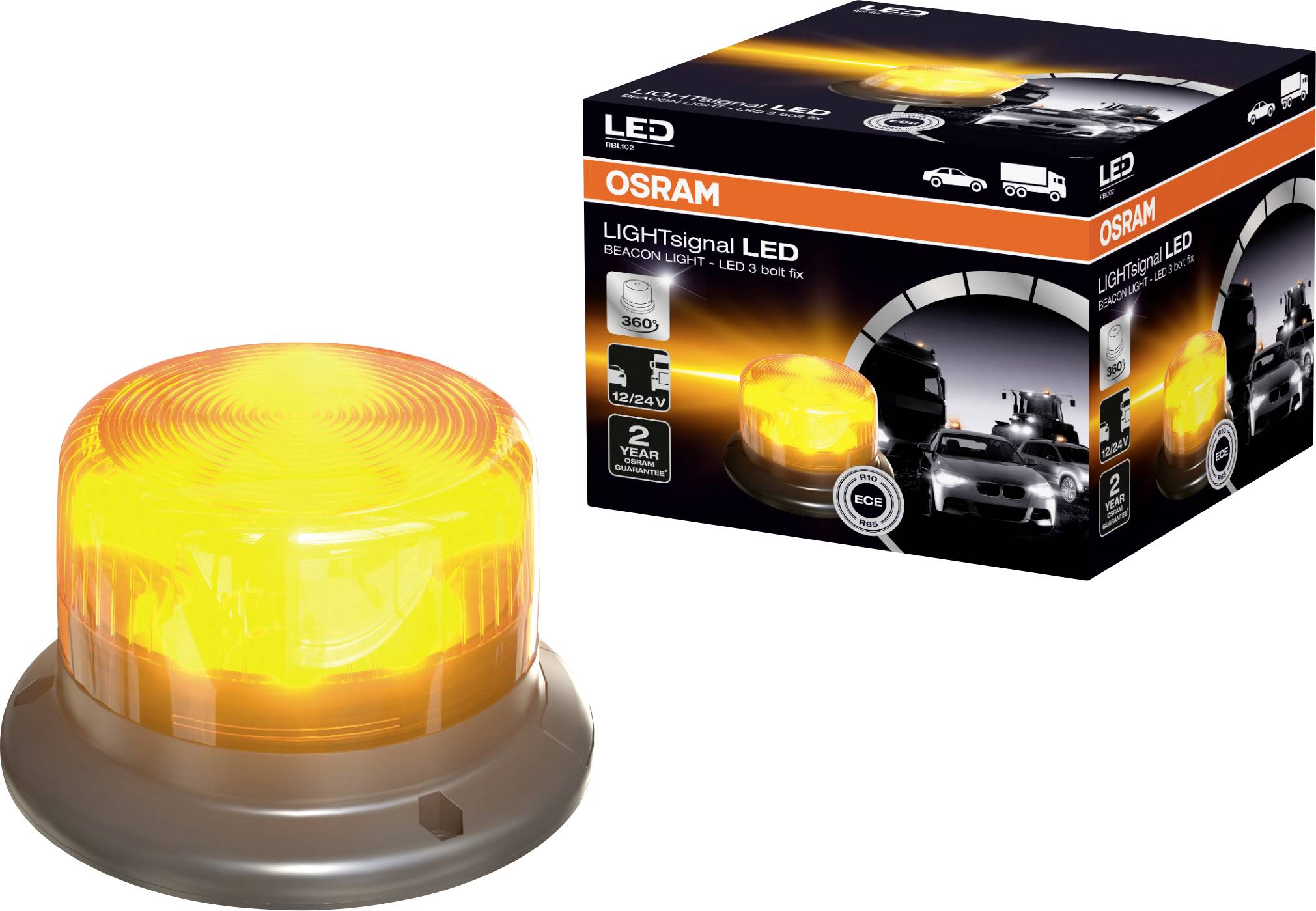 Eine LED-Rundumleuchte von OSRAM, erkennbar an der gelben Kuppel, neben einer Verpackung, die verschiedene Fahrzeuge darstellt.