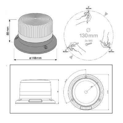 'Illustration eines runden Gehäuses mit Abmessungen: Durchmesser 148 mm, Höhe 89 mm. Ansichten von oben, seitlich, unten. Verbindungsstellen für Schrauben gezeigt.'