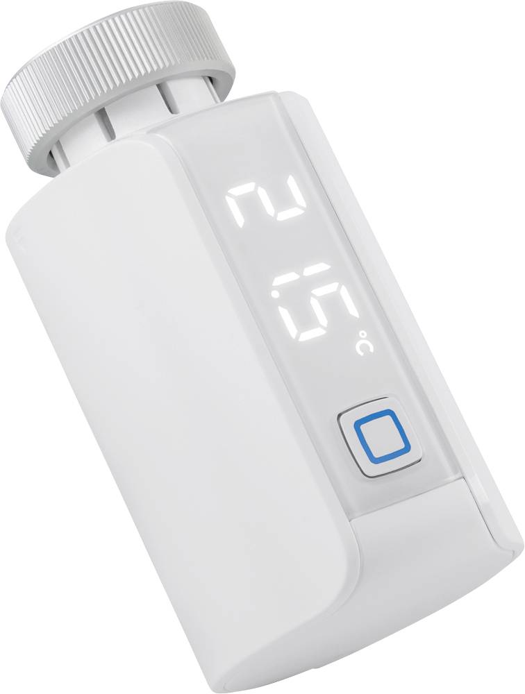 Ein weißes digitales Thermostat mit LED-Anzeige, die '21.5°C' zeigt, und einem Knopf zur Steuerung der Raumtemperatur.