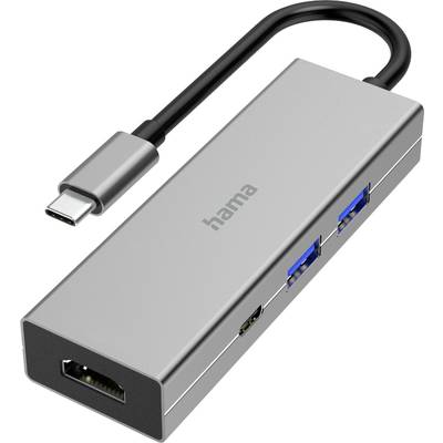 Ein USB-C-Adapter von Hama mit HDMI-Ausgang und zwei USB-3.0-Anschlüssen, geeignet zum Verbinden von Geräten mit verschiedenen Schnittstellen.