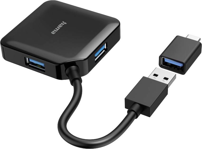 Ein schwarzer USB-Hub mit drei USB-Anschlüssen und einem kurzen Kabel, das in einen USB-Stecker übergeht.