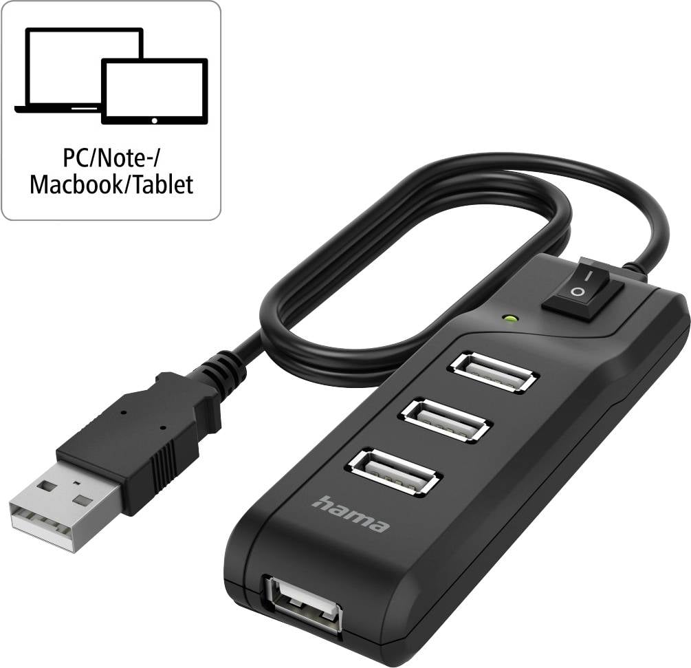 USB-Hub mit vier Anschlüssen und Ein/Aus-Schalter; geeignet für PC, Notebook oder Tablet; kleines Symbol mit Geräten im Hintergrund.