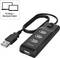 USB-Hub mit vier Anschlüssen und Ein/Aus-Schalter; geeignet für PC, Notebook oder Tablet; kleines Symbol mit Geräten im Hintergrund.