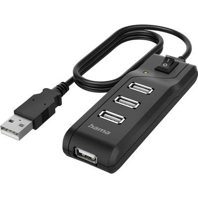 USB-Hub mit drei USB-Anschlüssen und einem Kabel. Enthält einen Ein-/Ausschalter und eine grüne Kontrollleuchte.