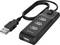 USB-Hub mit drei USB-Anschlüssen und einem Kabel. Enthält einen Ein-/Ausschalter und eine grüne Kontrollleuchte.