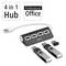 Ein USB-Hub mit vier Anschlüssen, beschriftet als '4 in 1 Hub' und 'Professional Office', daneben drei USB-Sticks und ein Adapter.
