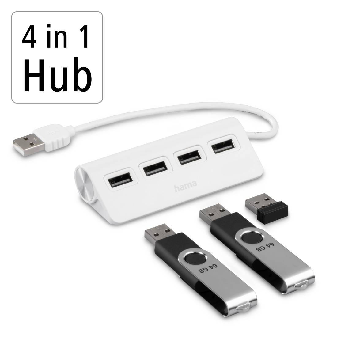 Ein weißer USB-Hub mit vier Anschlüssen und drei USB-Sticks. Text: '4 in 1 Hub'. Geeignet für den Anschluss mehrerer Geräte.