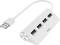 Ein weißer USB-Hub mit vier Anschlüssen und kurzem Kabel, geeignet zum Anschließen mehrerer Geräte an einen Computer.
