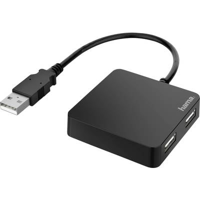 Schwarzer USB-Hub von Hama mit drei Anschlüssen und einem Kabel mit USB-Stecker. Ideal zum Erweitern von USB-Anschlüssen.