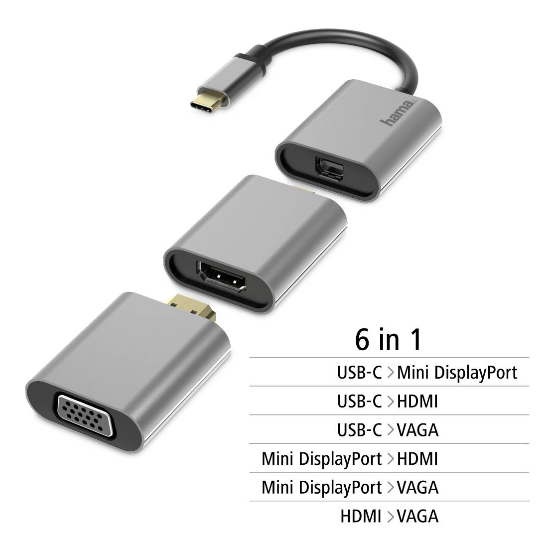 '6-in-1-Adapter mit USB-C, Mini DisplayPort, HDMI und VGA. Ermöglicht vielseitige Anschlüsse für verschiedene Geräte.'