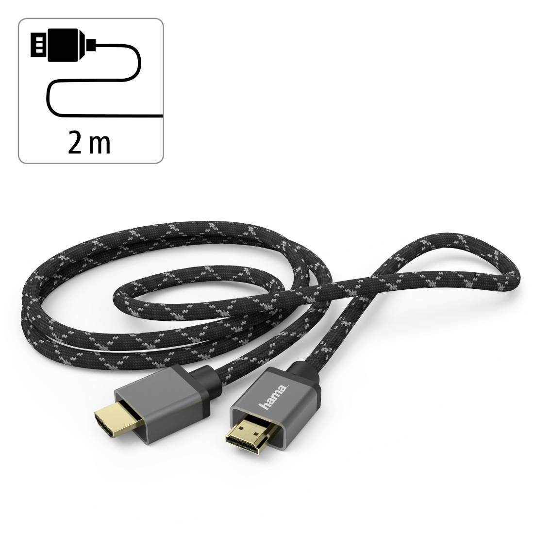 Schwarzes HDMI-Kabel mit Textilumhüllung, 2 Meter lang. Im Hintergrund eine grafische Abbildung mit der Längenangabe '2 m'.