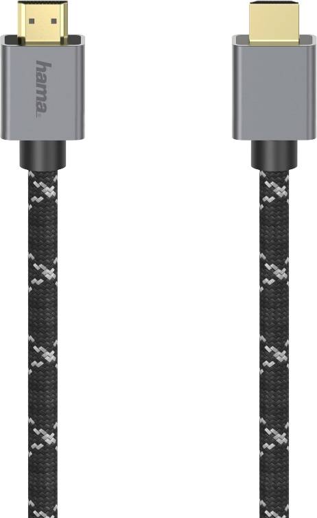 Ein HDMI-Kabel mit geflochtenem schwarz-weißem Muster und goldenen Anschlüssen, geeignet zur Übertragung von Audio- und Videodaten.