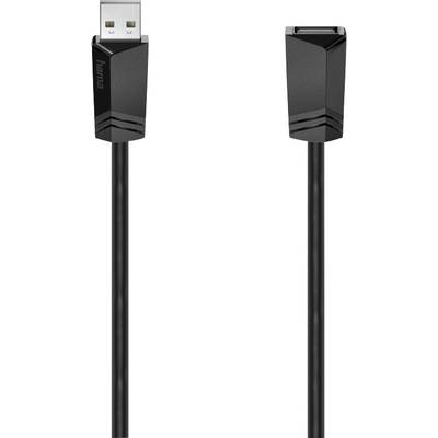 Ein schwarzes USB-Verlängerungskabel von Hama mit einem USB-A-Stecker auf der linken Seite und einer USB-A-Buchse auf der rechten Seite.