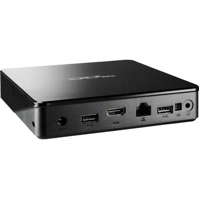 Schwarzer Mini-PC mit Anschlüssen für HDMI, USB, Ethernet und Strom auf der Rückseite.