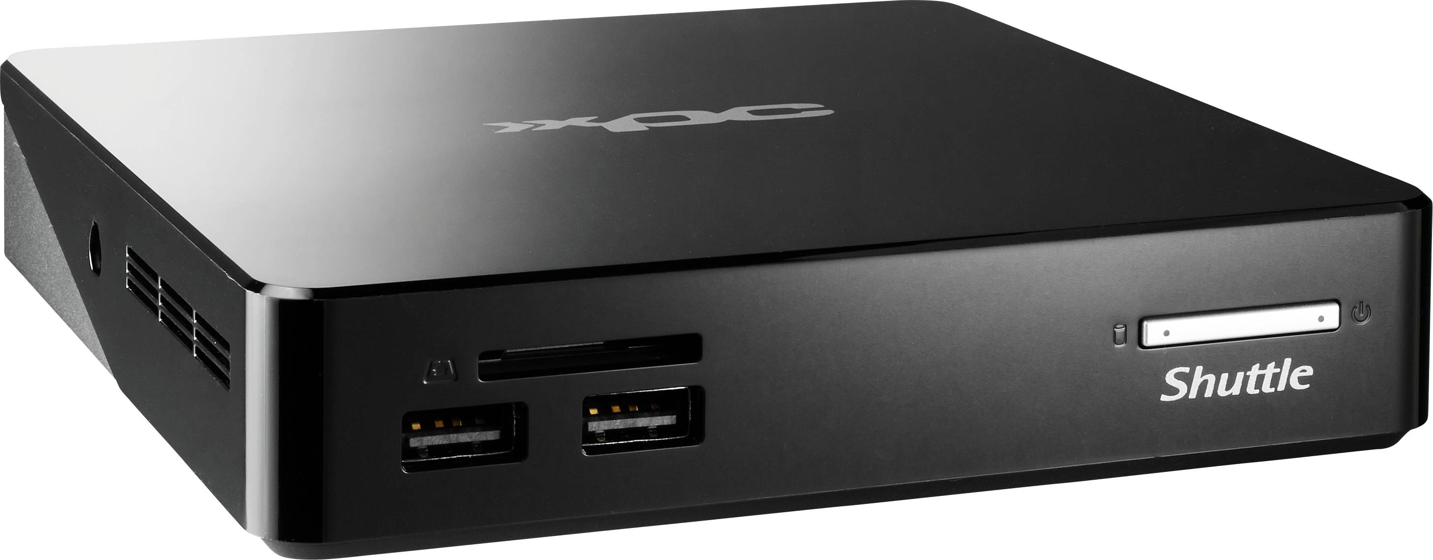 Kleiner schwarzer Desktop-Computer mit der Aufschrift 'Shuttle' auf der Vorderseite, mit USB-Anschlüssen und Kartenleser.