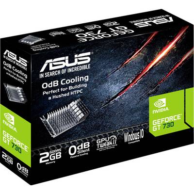 Eine ASUS GeForce GT 730 Grafikkartenverpackung, zeigt 2GB GDDR5-Speicher, 0dB Kühlung, und Windows 10 Kompatibilität.