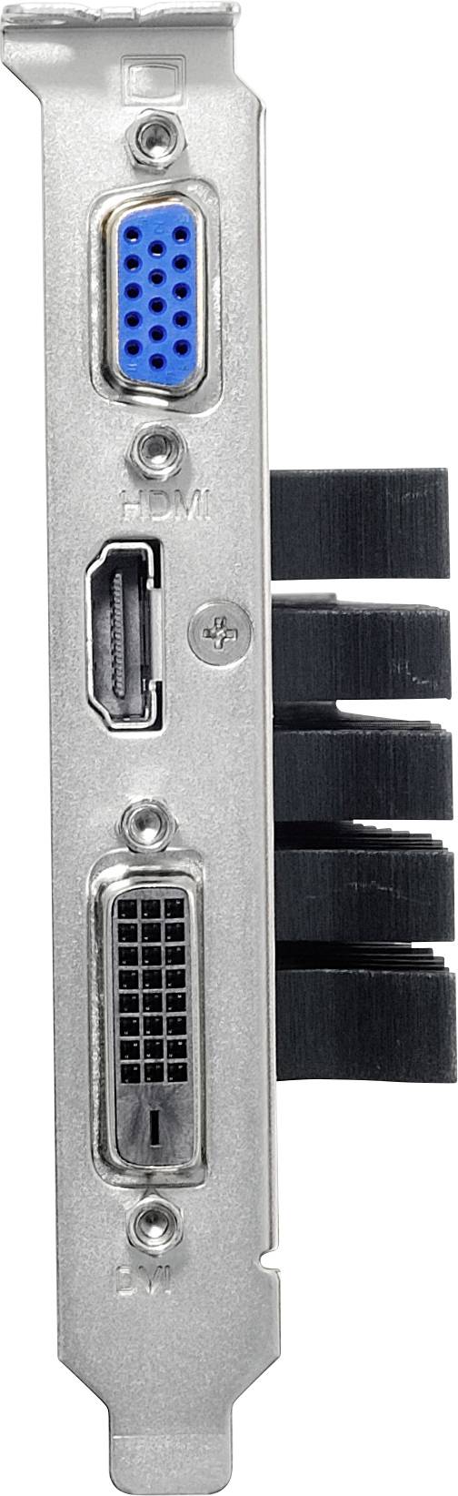 Eine Rückseite einer Grafikkarte mit einem VGA-Anschluss oben, einem HDMI-Anschluss in der Mitte und einem DVI-Anschluss unten.