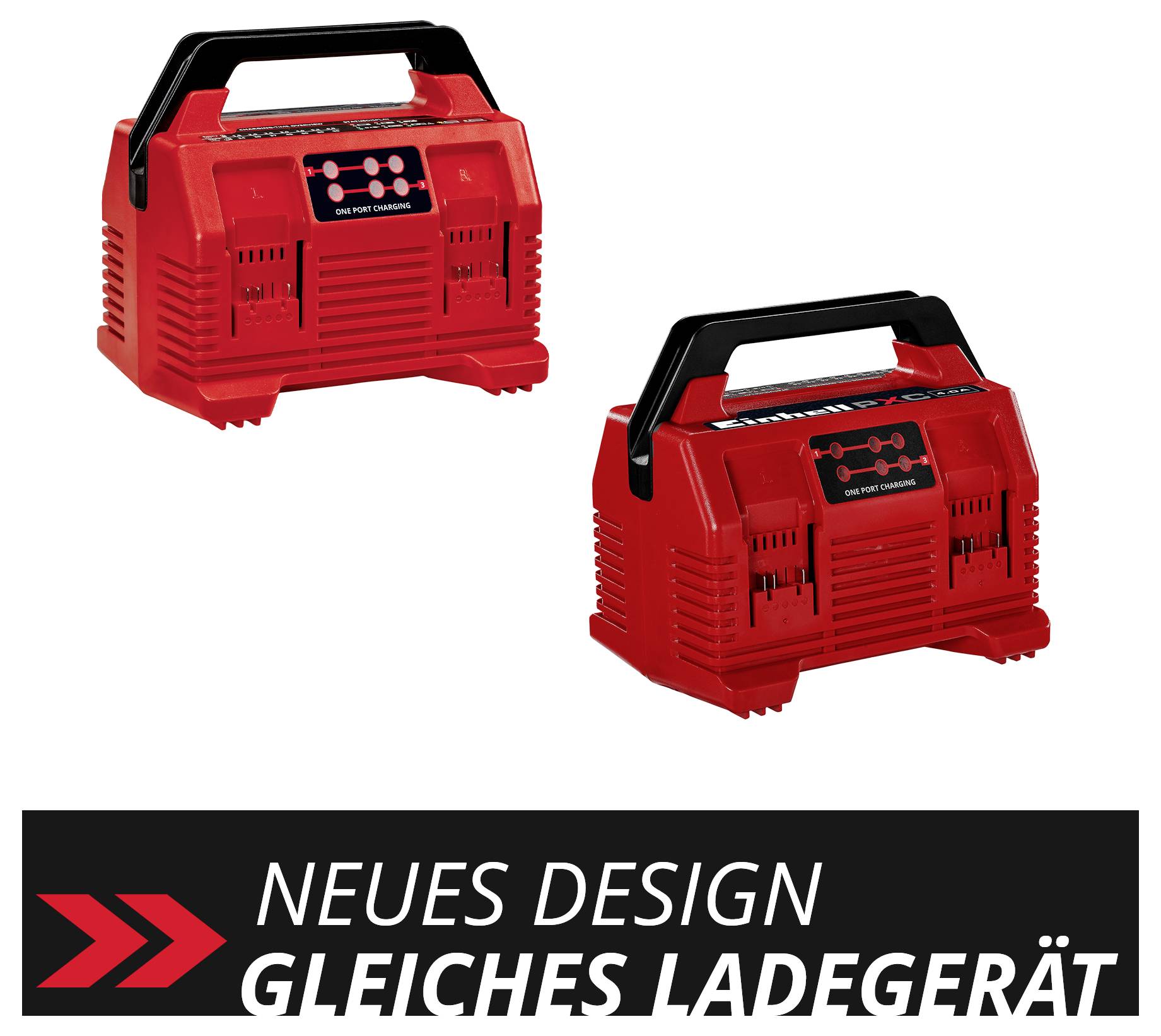 'Neues Design, gleiches Ladegerät' steht auf dem Bild, das zwei identische rote Ladegeräte mit schwarzen Griffen zeigt.