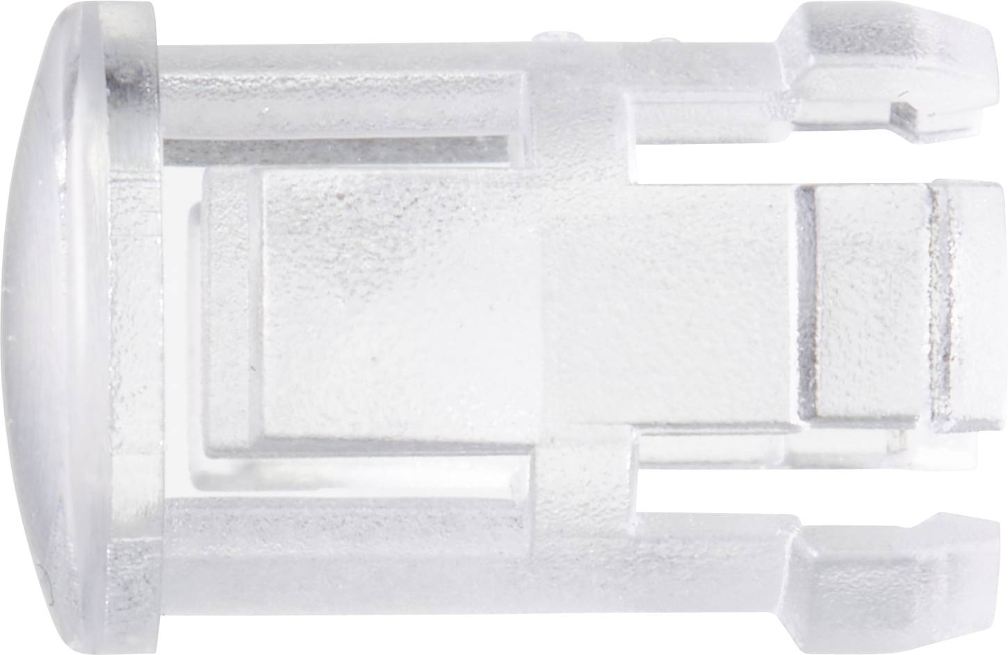 Ein transparenter Kunststoffstecker mit zylinderförmigem Ende und einer flachen Oberseite. Dient vermutlich als Verbinder oder Abdeckung.