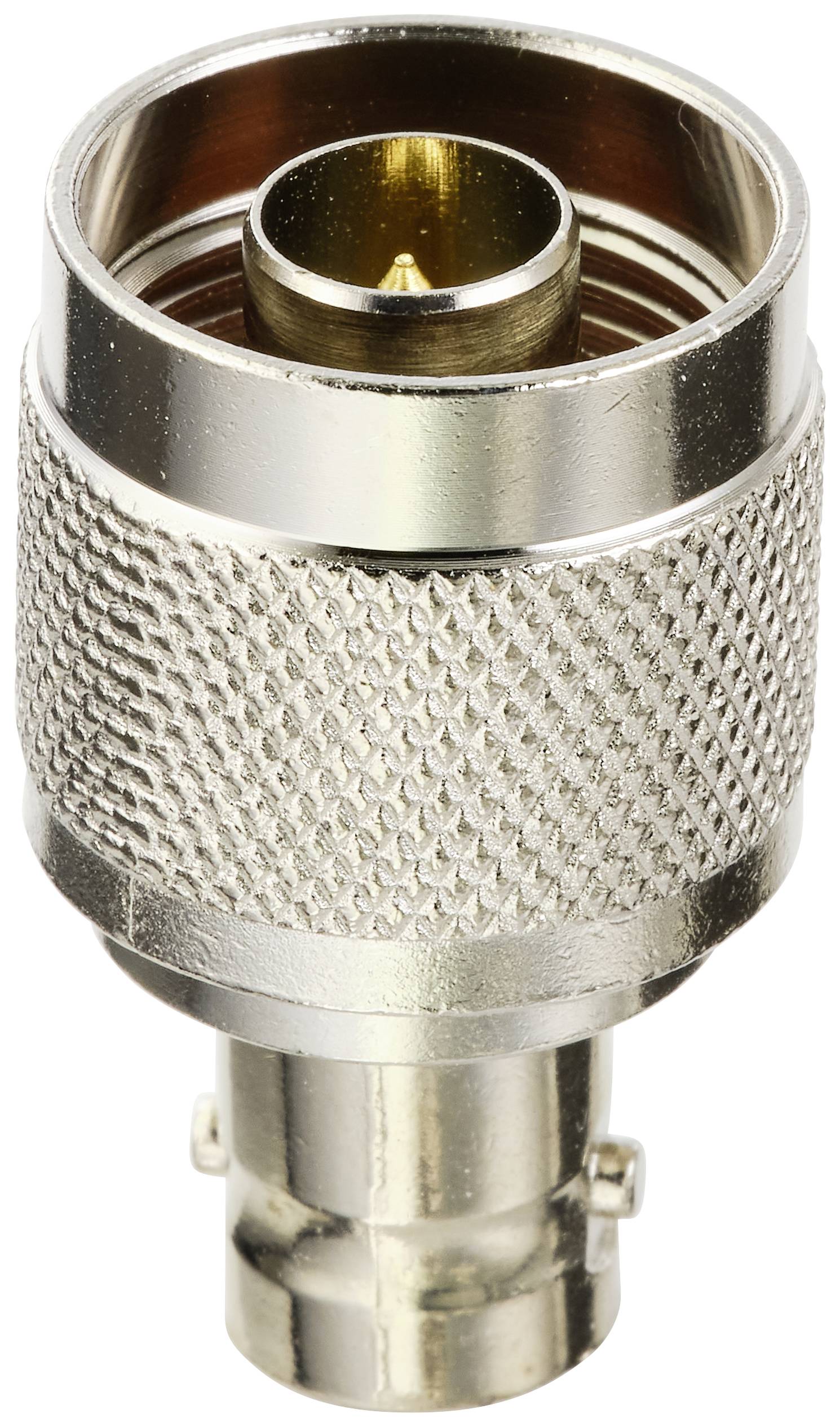 Metallischer Koaxialstecker mit geriffelter Oberfläche und zentralem Stift, geeignet für Kabelverbindungen in elektronischen Geräten.