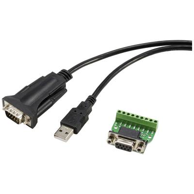 'USB auf RS232 Adapter' zeigt ein schwarzes Kabel mit USB-Stecker und 9-poligem RS232-Stecker, sowie eine grüne Anschlussplatine.
